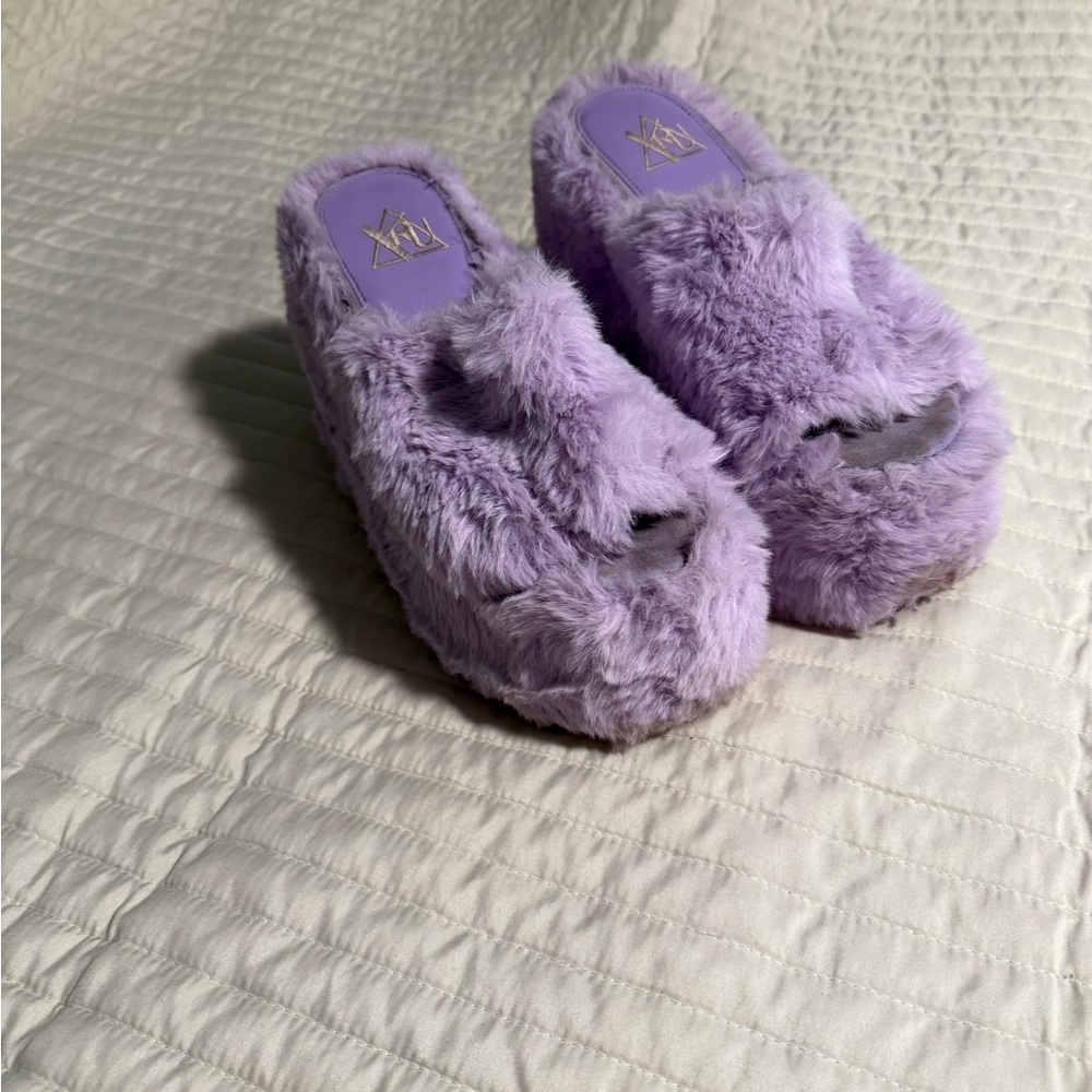 Purple Faux Fur Platform Slippers